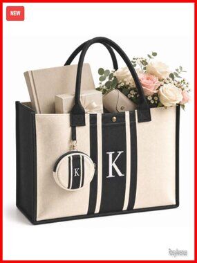 Monogrammed Initial K Canvas Tote Bag with Zip Pouch